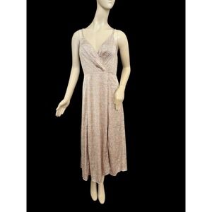 NWT Floret Studios Strappy Satin‎ Midi Dress Large MSRP $108 Blue Peach Taupe
